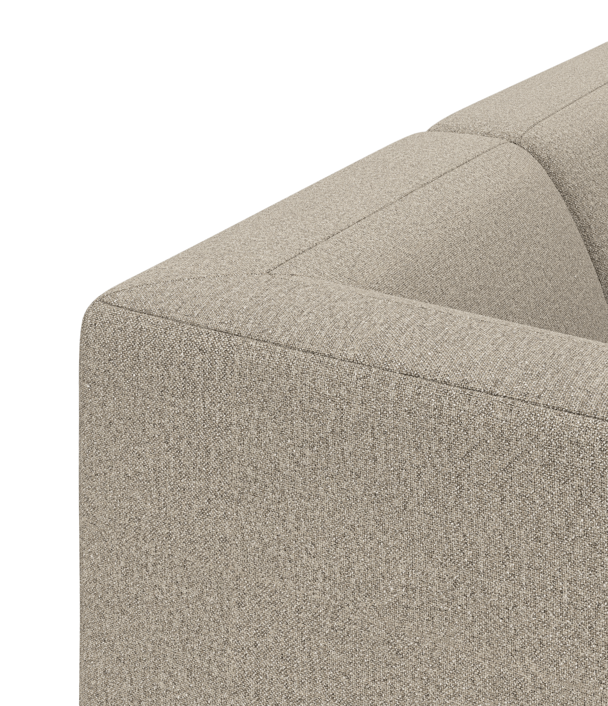 Nærbillede af beige hjørne på modulsofa i tekstil på ren studiebaggrund.