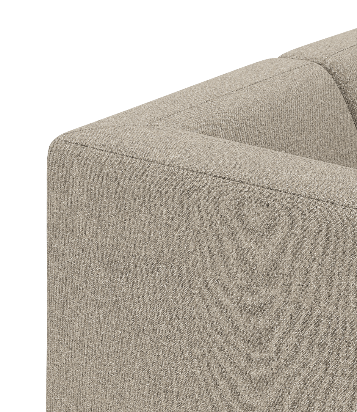 Nærbillede af hjørnet på en beige stofsofa med rene, minimalistiske linjer.