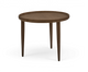 Rundt sidebord i mørkbejset eg med bakke-kant og tre tilspidsede ben.