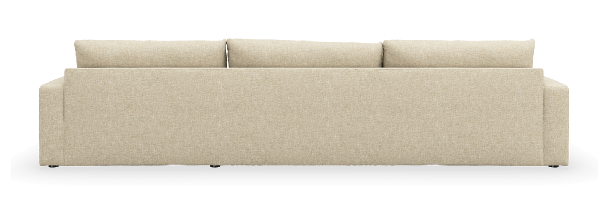 Beige 3-personers sofa set bagfra med tre ryghynder, frilagt på hvid baggrund.