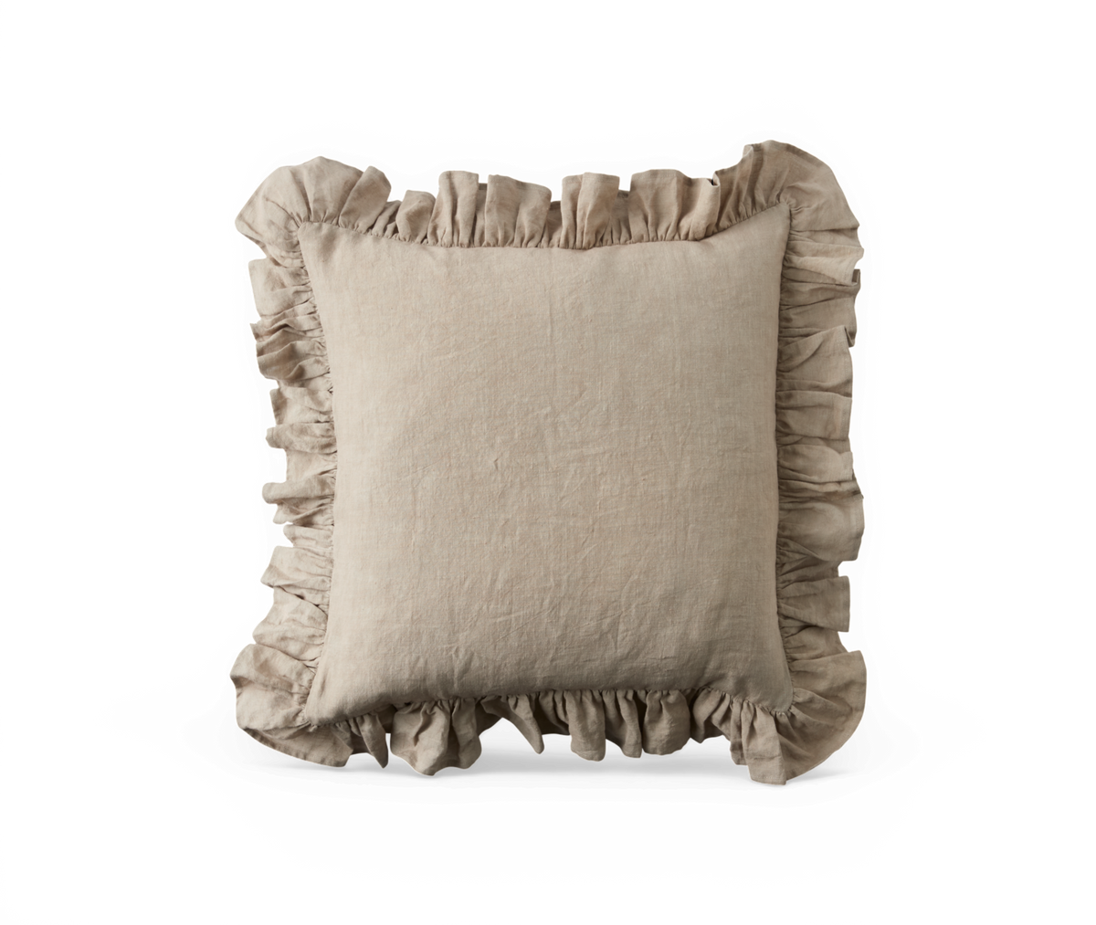 Beige kvadratisk hørpude med flæsekant.