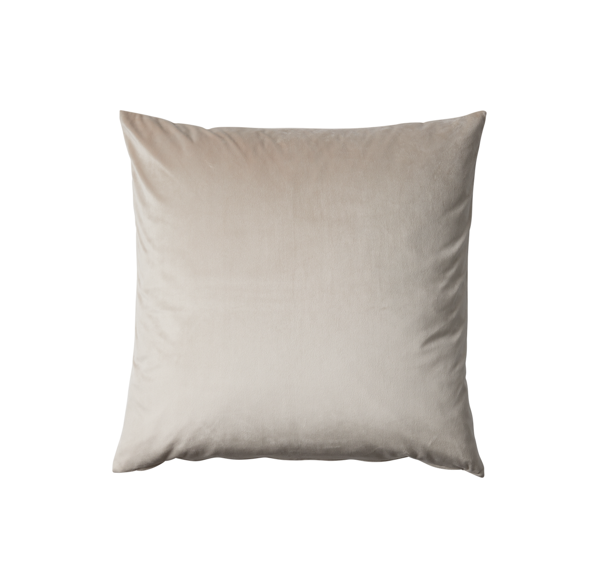 Beige velour pyntepude i kvadratisk form på hvid baggrund.
