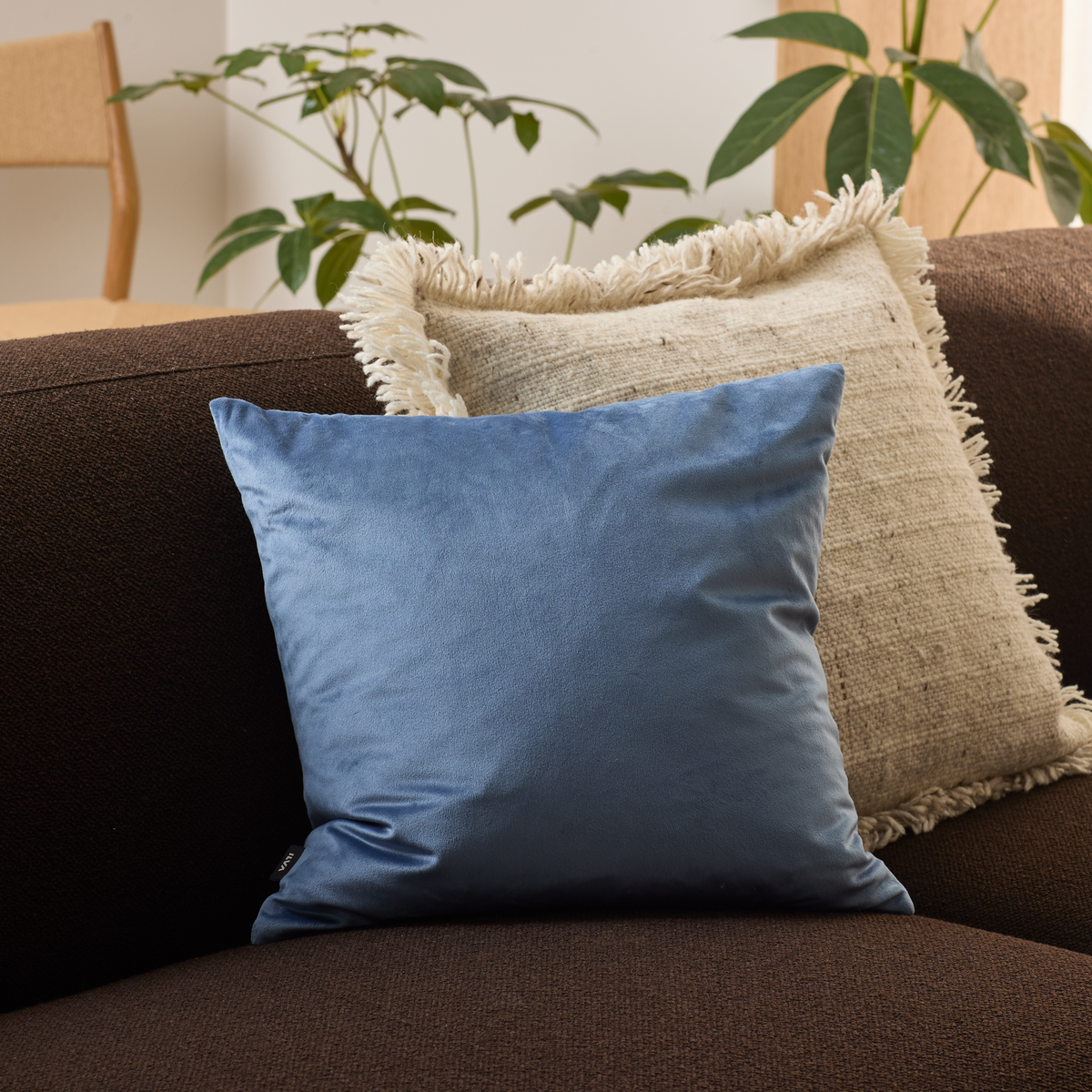 Blå velourpude på mørkebrun sofa foran beige pude med frynser, med grønne planter i baggrunden.