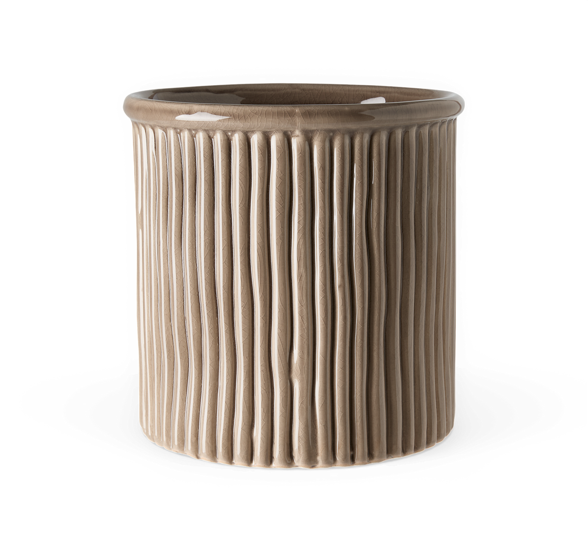 Beige glaseret keramisk vase med lodret rillet struktur i cylindrisk form.