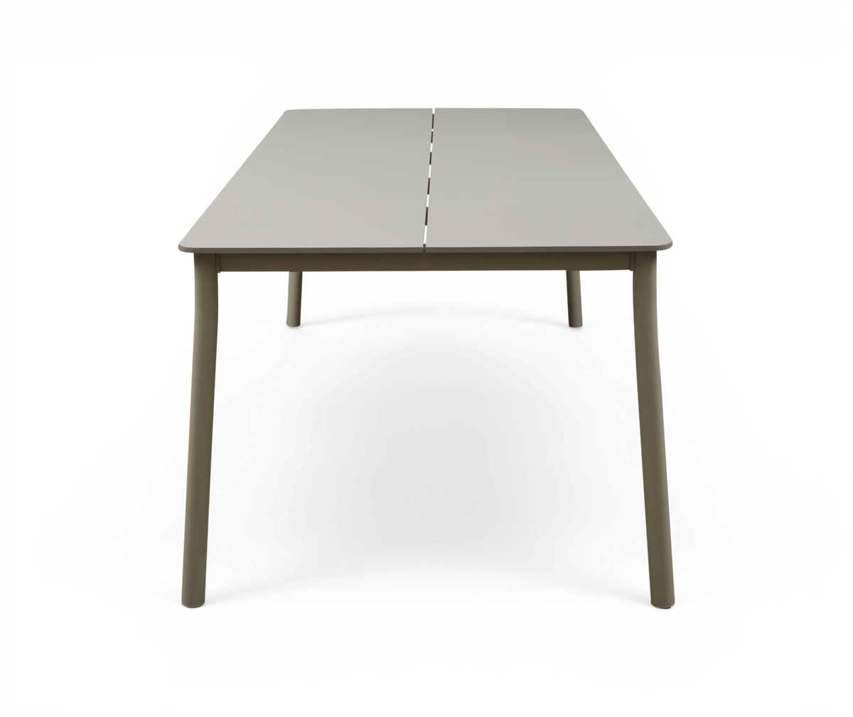 Lys beige rektangulært spisebord med midterdel, fotograferet forfra.