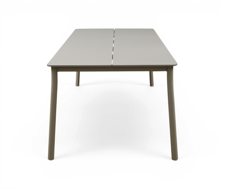 Lys beige rektangulært spisebord med midterdel, fotograferet forfra.
