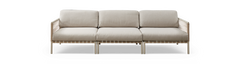 Beige tresæders sofa med flettede sider og slanke ben, frontvisning på hvid baggrund.