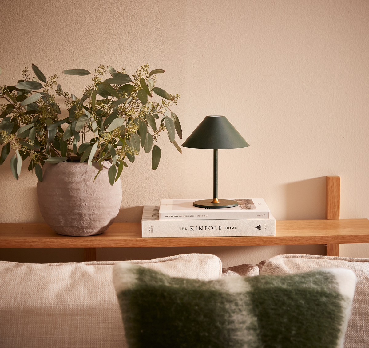En træhylde over en sofa med en grøn bordlampe oven på to bøger, hvor den nederste hedder THE KINFOLK HOME, ved siden af en stor potte med grønne grene.