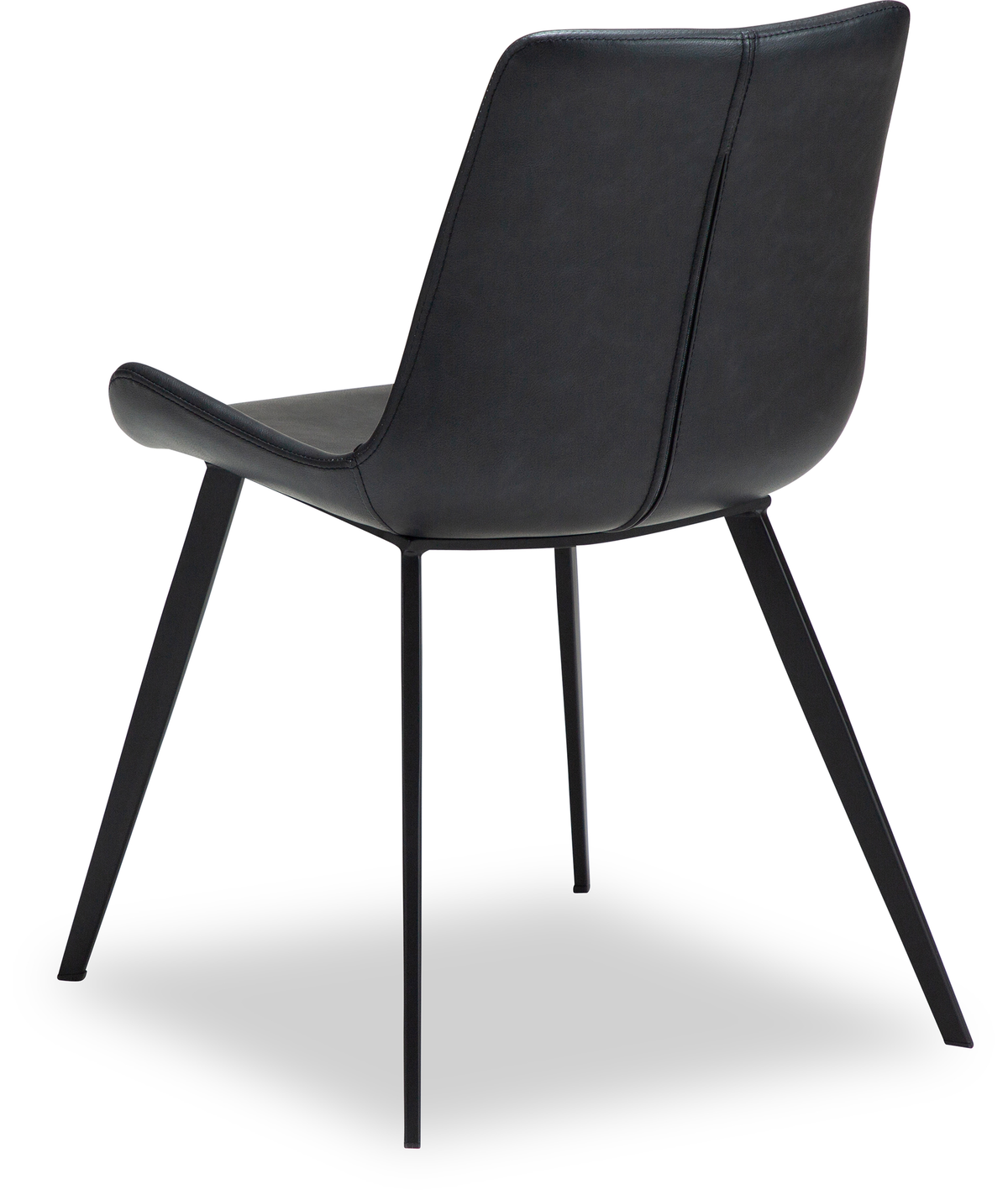 Sort moderne stol med slanke metalben, set skråt bagfra mod hvid baggrund.