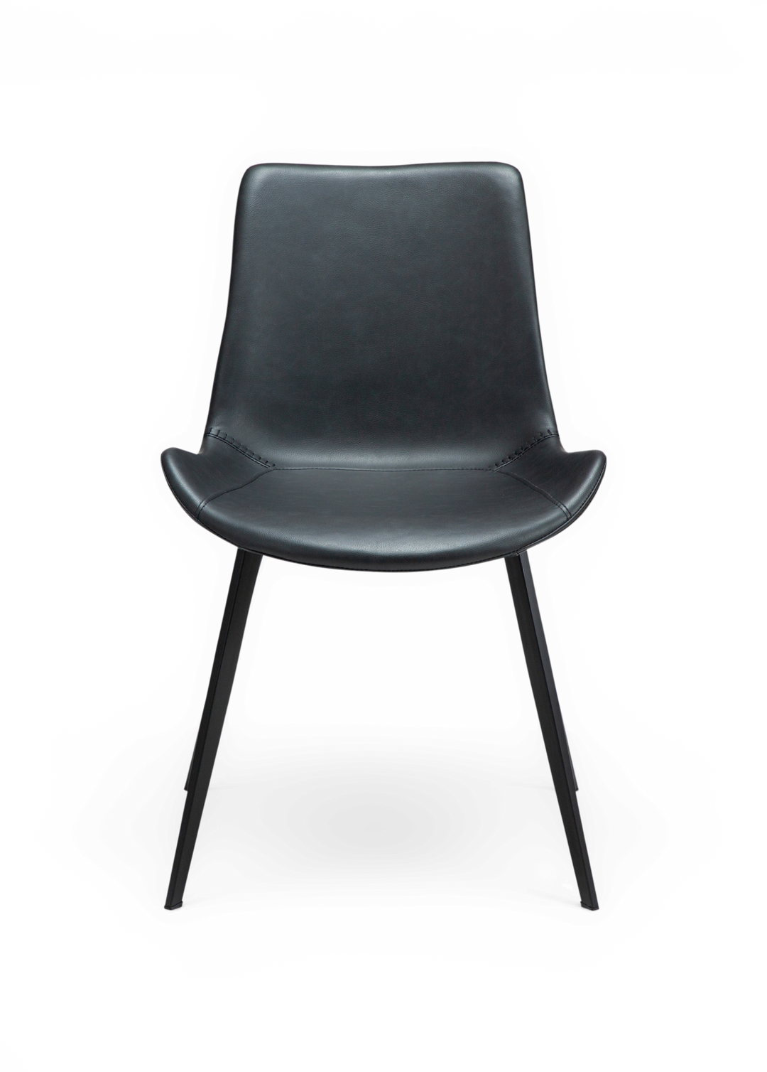 Moderne sort stol med afrundet sæde og slanke metalben, set forfra.