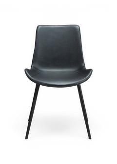 Moderne sort stol med afrundet sæde og slanke metalben, set forfra.