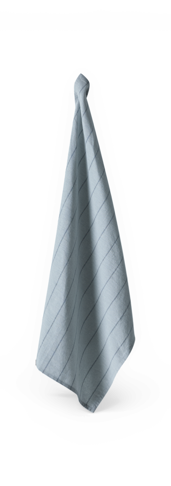 Lyseblåt håndklæde med tynde diagonale striber, hængende mod sort baggrund.