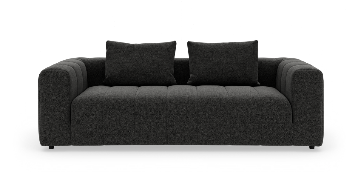 Mørkegrå moderne sofa med to ryghynder, set forfra på hvid baggrund.