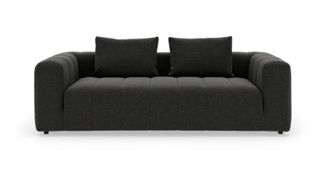 Mørkegrå moderne sofa med to ryghynder, set forfra på hvid baggrund.
