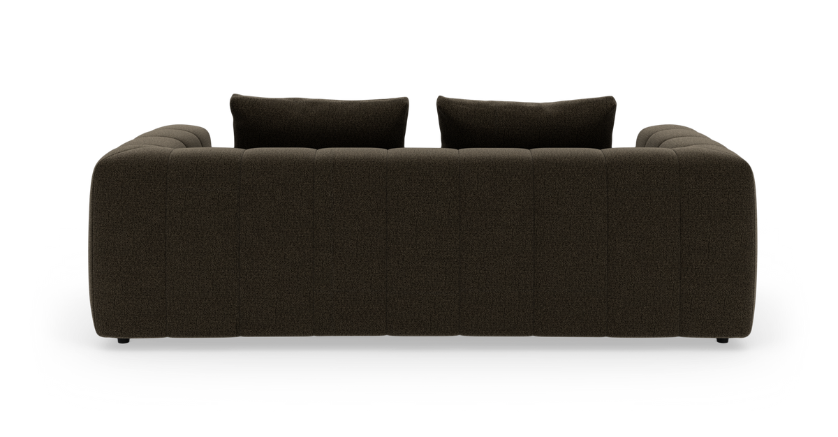 Mørkebrun modulsofa set lige bagfra med to rygpuder på hvid baggrund.