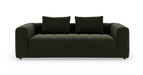 Mørkegrøn 3-personers sofa med to ryghynder, frilagt mod hvid baggrund.