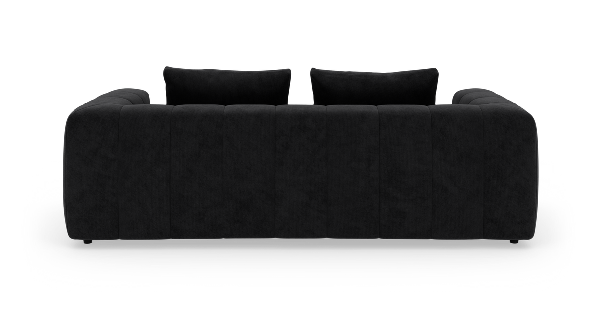 Sort modulsofa med to ryghynder, set lige forfra mod hvid studiebaggrund.