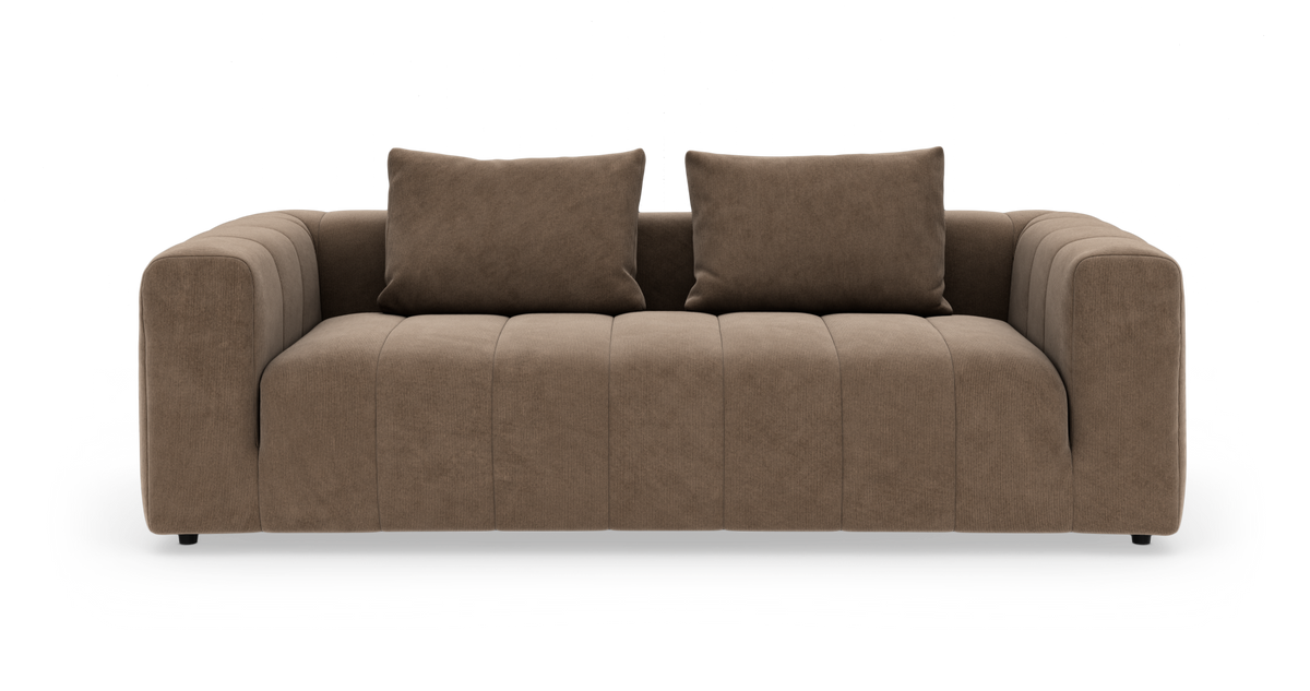 Brun sofa med to ryghynder, frilagt på hvid baggrund.