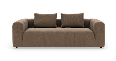 Brun sofa med to ryghynder, frilagt på hvid baggrund.