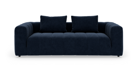 Mørkeblå 3‑personers sofa med to rygpuder, fotograferet lige forfra på hvid baggrund.