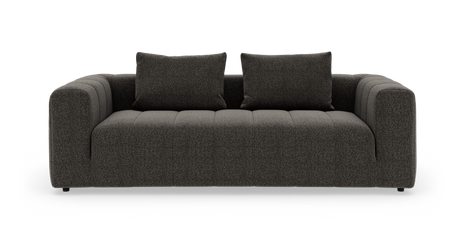 Mørkegrå, moderne 3-personers sofa med to rygpuder, afrundede armlæn og dyb polstring.