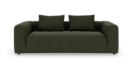 Mørkegrøn moderne 3-personers sofa med to ryghynder, brede armlæn og kanalinddelt sæde på hvid baggrund.