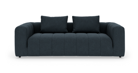 Mørkeblå moderne 3-personers sofa med to ryghynder på hvid baggrund.