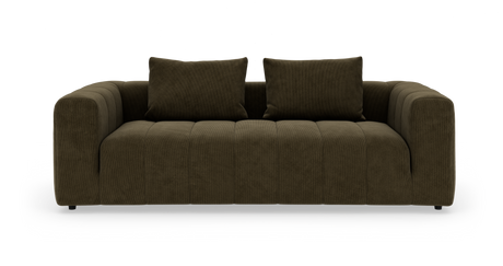 Mørk olivengrøn 3-personers sofa med brede armlæn og to ryghynder, isoleret på hvid baggrund.