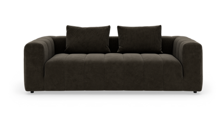 Mørkebrun sofa med to puder, set forfra.