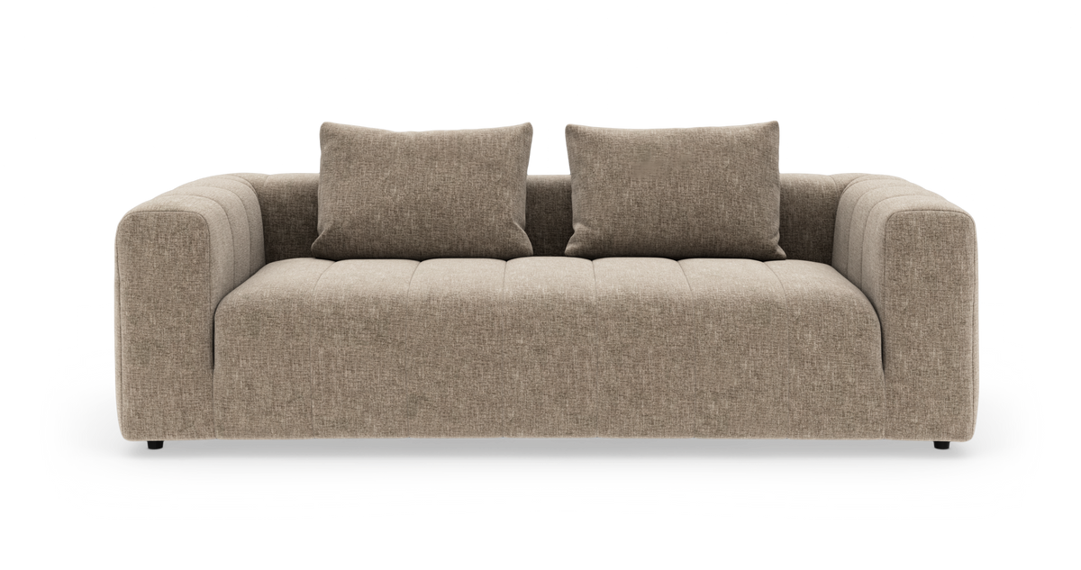 Beige sofa med to ryghynder, frontvisning på hvid baggrund.
