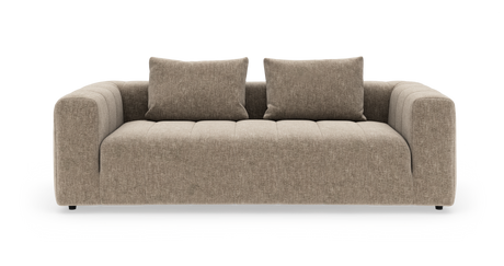 Beige sofa med to ryghynder, frontvisning på hvid baggrund.