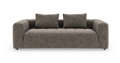 Brungrå, moderne 3-personers sofa med brede armlæn og to ryghynder, frilagt forfra.