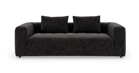 Mørkegrå sofa med brede armlæn og to ryghynder på hvid baggrund.