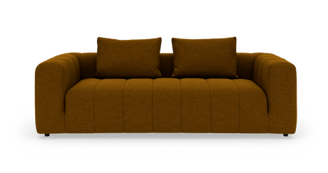 Sennepsgul bouclé-sofa med to ryghynder, frontvisning på hvid baggrund.