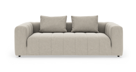 Beige sofa med to ryghynder, fritlagt på hvid baggrund.