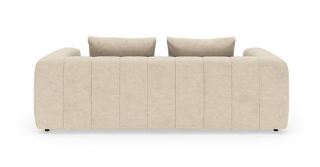 Beigefarvet, moderne sofa med afrundede armlæn og lodrette paneler, set lige forfra, med to rygpuder.