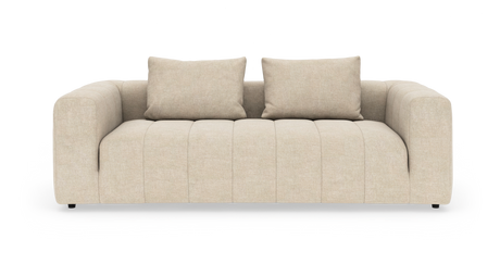 Beige, moderne sofa med to ryghynder, set lige forfra mod hvid studiobaggrund.