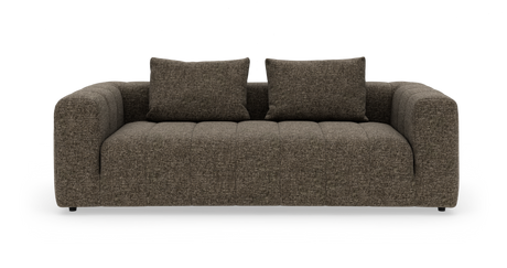 Brun, moderne 3-personers sofa med to rygpuder, fotograferet lige for fra hvid baggrund.