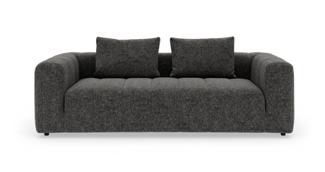Mørkegrå 2-personers sofa med to ryghynder, brede armlæn og lav profil på hvid baggrund.