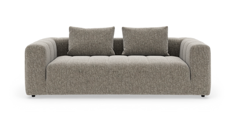 Gråbeige stofsofa med løse ryghynder, fotograferet lige forfra på hvid baggrund.