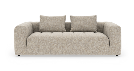 Beigefarvet 3-personers sofa i stof med to ryghynder og afrundede armlæn, set forfra mod hvid baggrund.