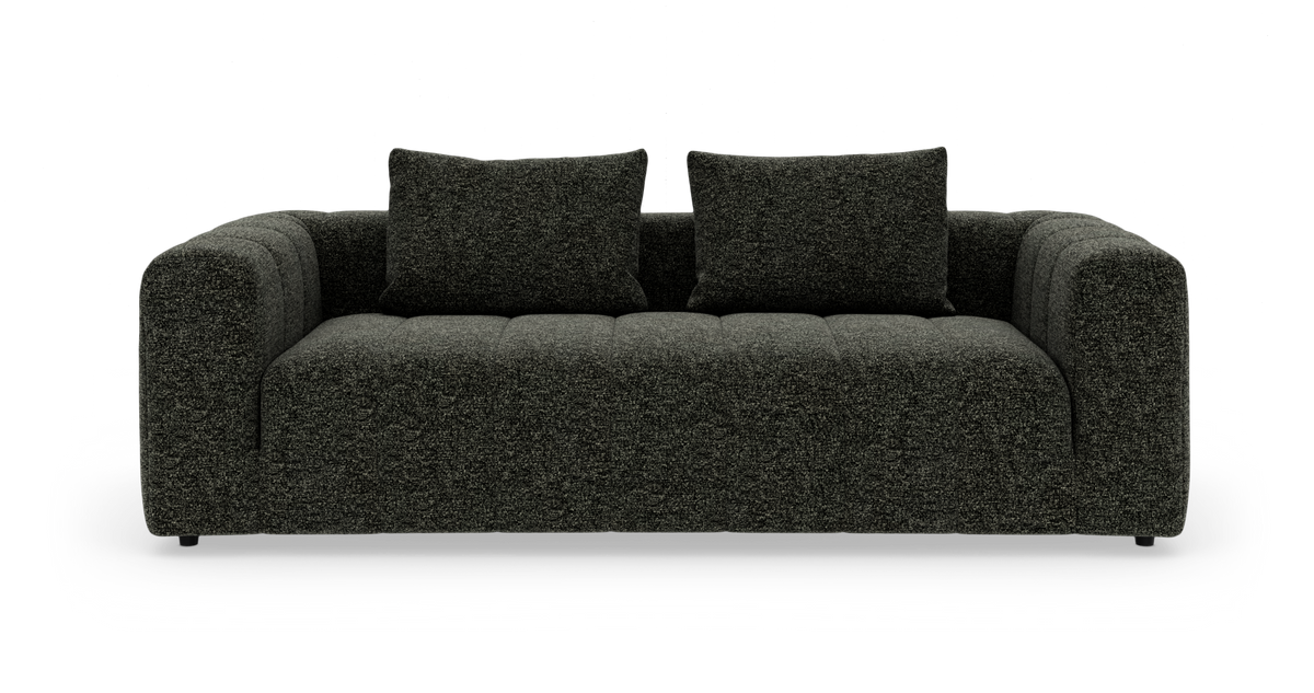 Mørkegrå sofa med afrundede armlæn og to ryghynder, frilagt på hvid baggrund.