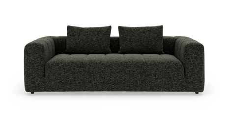 Mørkegrå sofa med afrundede armlæn og to ryghynder, frilagt på hvid baggrund.