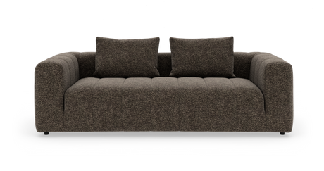 Mørkebrun, moderne 3-personers sofa med to ryghynder, polstret sæde og brede armlæn, fotograferet direkte forfra.