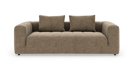Brun/beige 2-personers sofa med to puder, frontvisning på hvid baggrund.