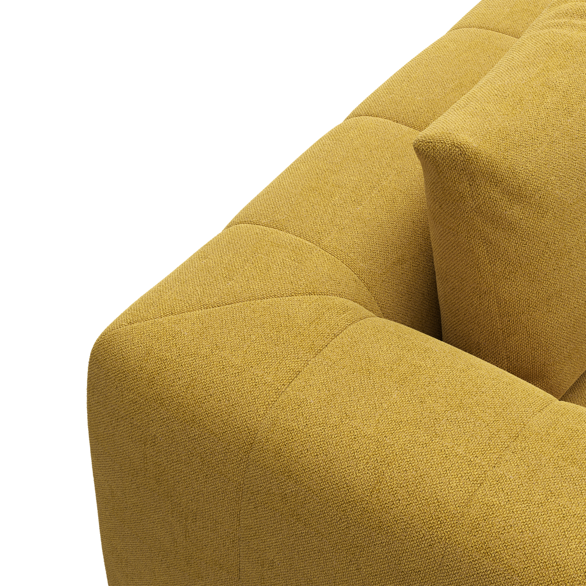 Nærbillede af et sennepsgult polstret sofa-hjørne med pude.