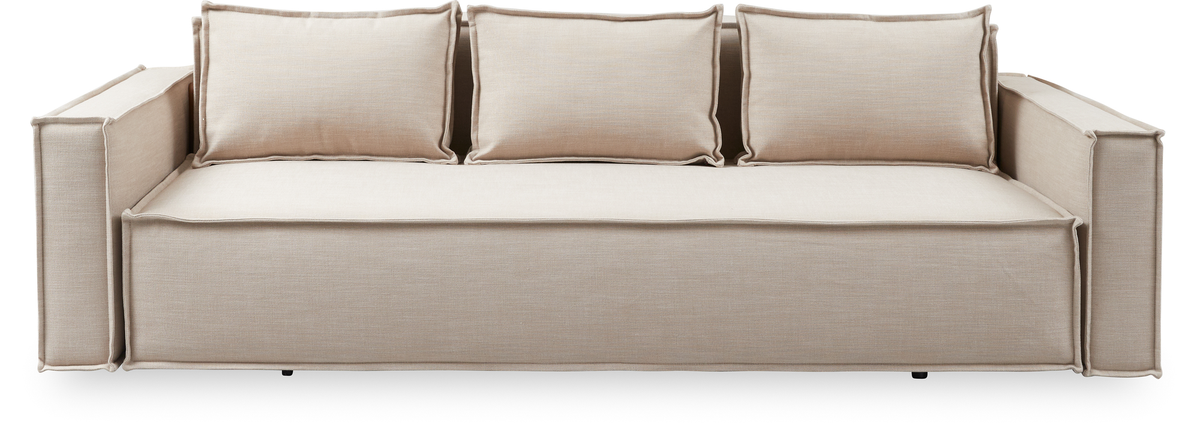 Beige 3-personers sofa med tre løse ryghynder, fritlagt på hvid baggrund.