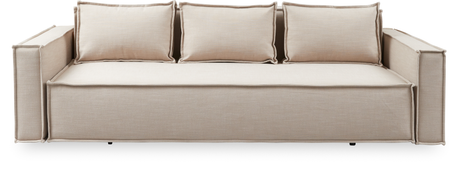 Beige 3-personers sofa med tre løse ryghynder, fritlagt på hvid baggrund.