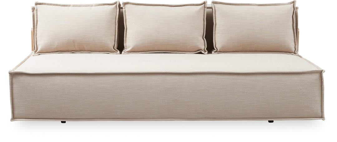 Beige modulsofa med tre rygpuder, frilagt på hvid baggrund.