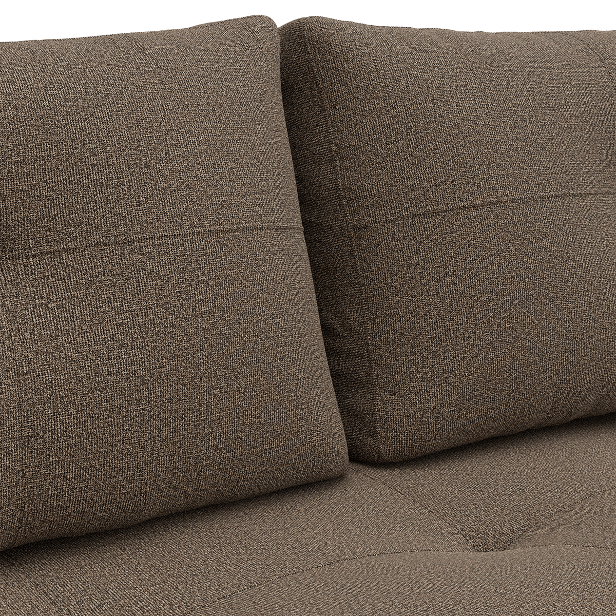 Nærbillede af to brune ryghynder og sæde i grov tekstil på en sofa.
